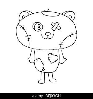 Icona di schizzo di scarabocchio vettoriale a forma di orsetto di peluche zombie per Halloween. Illustrazione di decorazione stagionale moderna e minimalista spaventosa. Celebrazione delle festività Illustrazione Vettoriale