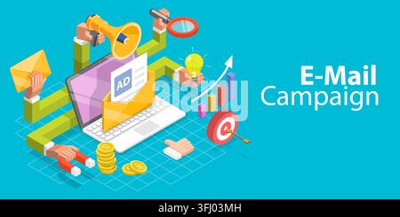 Illustrazione concettuale piatta isometrica 3D del marketing via e-mail. Foto Stock