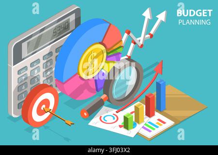 Illustrazione concettuale isometrica piatta in 3D della pianificazione del budget. Foto Stock
