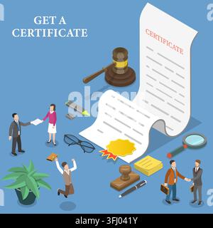 Illustrazione concettuale piatta isometrica 3D per Ottenere un Certificato. Foto Stock