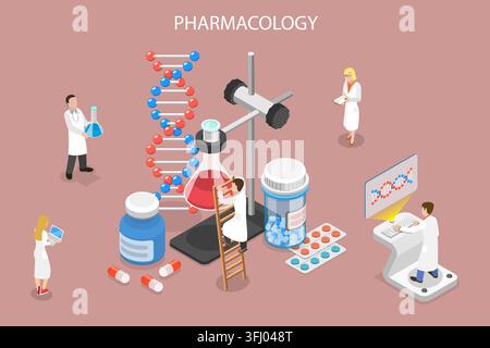 Illustrazione concettuale piatta isometrica 3D della farmacologia. Foto Stock