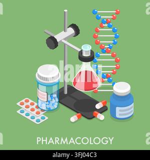 Illustrazione concettuale piatta isometrica 3D della farmacologia. Foto Stock