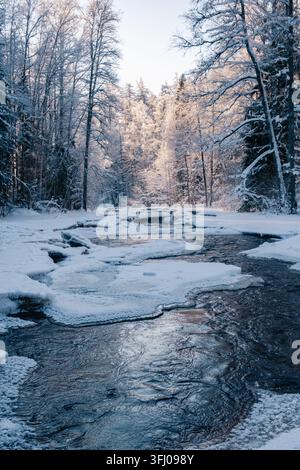 Fiume ghiacciato che scorre attraverso una bellissima foresta innevata invernale Foto Stock