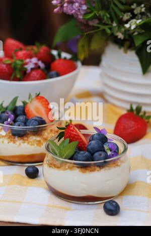 Dessert di yogurt ai frutti di bosco in barattolo di vetro con frutta fresca e stile estivo Foto Stock