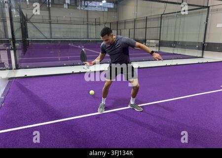 Atleta maschile adulto in piedi su una linea bianca che tiene il paddle che colpisce la palla gialla sul campo sportivo viola. Padel, giocatore, concentrazione, agilità, struttura, vetro, n Foto Stock