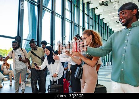 Gruppo eterogeneo di giovani che hanno smartphone e scattano selfie al terminal dell'aeroporto Foto Stock