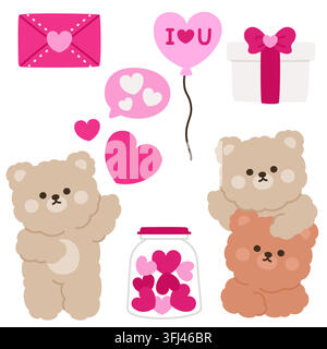 Adorabili adesivi di orsi per San Valentino con cuori e regali Illustrazione vettoriale Illustrazione Vettoriale