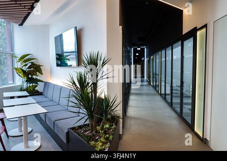 Interno moderno di ufficio con spazio di coworking e corridoio Foto Stock