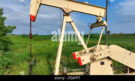 Pozzo petrolifero che pompa petrolio greggio dal campo. Ripresa aerea ravvicinata di un pozzo in funzione, Contea di Laramie, Wyoming. Foto Stock