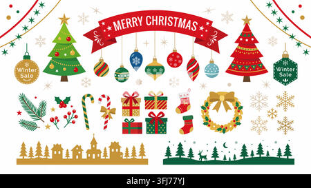 Collezione di illustrazioni natalizie con decorazioni per le feste, elementi di vendita invernale, alberi di Natale, ornamenti, regali, ghirlande, fiocchi di neve e design festivo Illustrazione Vettoriale