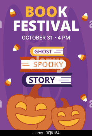 Volantino per il festival del libro di Halloween con zucche carine. Modello vettoriale per poster impilati di libri di storie spaventose Illustrazione Vettoriale