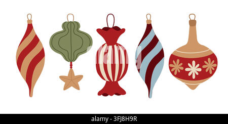 Decorazioni e palline per albero di Natale vintage disegnate a mano con forme e motivi diversi per la decorazione stagionale invernale o per l'imballaggio Illustrazione Vettoriale