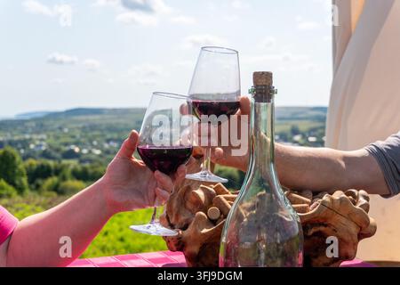 Due persone che brindano con bicchieri di vino rosso nella vigna Foto Stock