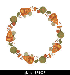 Cornice rotonda autunnale con case di zucca fatate, alberi decorativi, cespugli verdi, bacche mature di bosco Illustrazione Vettoriale