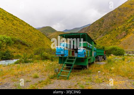 Un apiario mobile mostra un camion verde carico di alveari blu e gialli, parcheggiato accanto a un fiume che scorre in una valle panoramica. Colline ripide e fiori selvatici Foto Stock