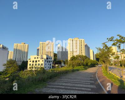 Seul, Corea del Sud-09.06.2026: Edifici moderni di appartamenti lungo un percorso pedonale verde in Corea del Sud Foto Stock