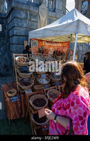 Un acquirente sfoglia premi e giocattoli naturali per cani a uno stand di prodotti per animali al mercato degli agricoltori Náplavka. Foto Stock