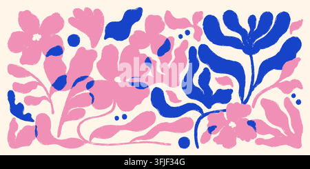 Forme floreali astratte con fiori rosa, foglie blu, forme organiche e curve disegnate a mano in uno stile botanico moderno e giocoso, isolate su sfondo bianco illustrazione vettoriale Illustrazione Vettoriale