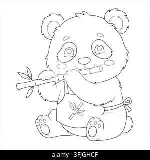 Pagina da colorare per bambini Vector di un panda carino che mangia germogli di bambù Illustrazione Vettoriale
