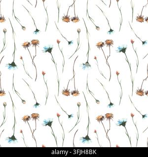 Modello senza cuciture ad acquerello di fiori selvatici autunnali. Fiori selvatici e erbe di campo dipinti a mano in autunno, erbe di prato. Illustrazione floreale realistica isolata Foto Stock