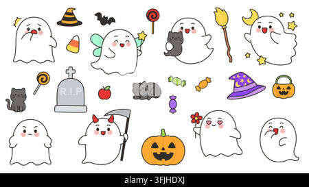 Collezione di elementi kawaii fantasma per Halloween su illustrazione vettoriale bianca Illustrazione Vettoriale
