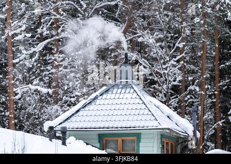 Il fumo sale dal camino di una piccola casa di legno circondata da una foresta di pini coperta di neve in inverno Foto Stock