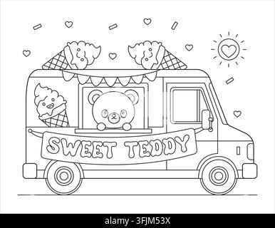 Illustrazione vettoriale da colorare con il contorno di un camion gelato e un orsacchiotto carino Illustrazione Vettoriale