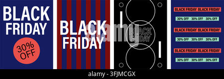 Set di quattro modelli di banner e poster per sconti del Black Friday in stile minimalista moderno con tipografia in grassetto, strisce e cerchi geometrici Illustrazione Vettoriale