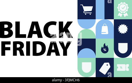 Banner di vendita del Black Friday con icone astratte geometriche, isolate su sfondo bianco Illustrazione Vettoriale