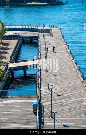 Guardando in basso su una silhouette di persone che camminano lungo il molo delle scale del Pirrama Park, assi di legno a Pyrmont, Sydney, Australia Foto Stock