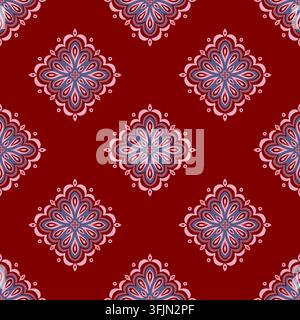 Sfondo a motivo di diamanti floreali viola rosso scuro disegnato a mano senza cuciture per decorazioni tessili di lusso Foto Stock