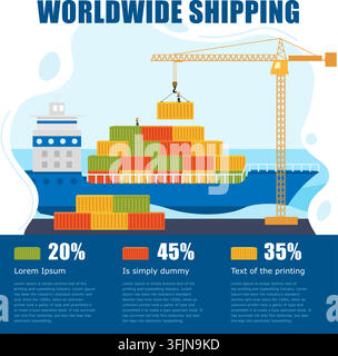 La nave cargo naviga verso il porto per il caricamento o lo scarico. Infografica o poster Porto Marittimo. consegna di merci mondiale via acqua. Merci del porto industriale Illustrazione Vettoriale