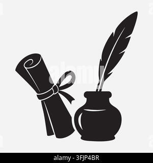 Concetto di scrittura poetica antica. penna d'oca nera, calamaio, rotolo di pergamena legato. per copertine di libri fantasy storici. design vettoriale classico. Illustrazione Vettoriale