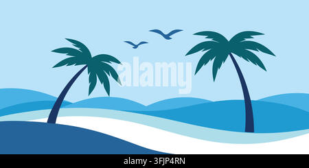 Paesaggi tropicali minimali sulla spiaggia. palme blu, onde dell'oceano che si infrangono, uccelli volanti, duna di sabbia. per poster di viaggi per le vacanze estive. arte vettoriale piatta. Illustrazione Vettoriale