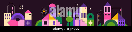 Case geometriche. Forme urbane astratte, poster per bambini con colori minimali e design moderno. Mosaico creativo. Edifici geometrici colorati, finestre, alberi e simboli notturni paesaggio urbano. Poster vettoriale Illustrazione Vettoriale