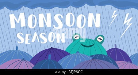 Stagione dei monsoni. Banner ombrello pioggia, offerta di vendita a prezzo scontato 3D in tempo piovoso. Personaggio della gioia in una giornata piovosa, protezione impermeabile. Sfondo stagionale per bambini. Illustrazione isolata in stile piatto cartoon vettoriale Illustrazione Vettoriale