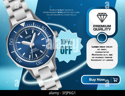 Banner di vendita di orologi da polso. Pubblicità moderna del prodotto con badge di sconto, design di promozione di accessori di lusso di qualità. Orologio maschile metallico di qualità premium. Pagina di catalogo. Illustrazione isolata vettoriale Illustrazione Vettoriale