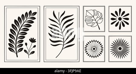 Set di poster botanici neri minimalisti. foglie di palma astratte, forme floreali rétro. per decorazioni murali per interni in stile boho. grafica vettoriale piatta. Illustrazione Vettoriale