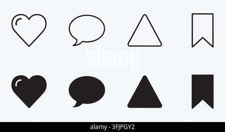Pacchetto di icone di interfaccia utente di base. Simboli a forma di cuore, bolla di chat, segnalibro. Per interazioni di app mobili, feed di social media. Grafica vettoriale minimale. Illustrazione Vettoriale