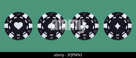 Set realistico di gettoni da casinò per poker o roulette. Gettoni di quadri, fiori, cuori, picche. Illustrazione Vettoriale