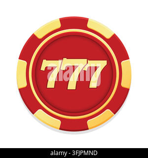Articolo da casinò per il gioco d'azzardo. Gettoni di poker dorati e rossi, 777, roulette. Gettone di poker rotondo. Illustrazione vettoriale. Illustrazione Vettoriale