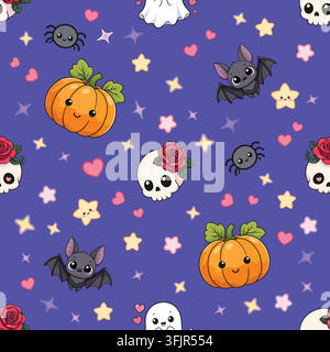 Simpatico motivo di illustrazione vettoriale per Halloween con un teschio, una rosa, un pipistrello e una zucca per tessuti per bambini, carta da regalo e come sfondo. Illustrazione Vettoriale
