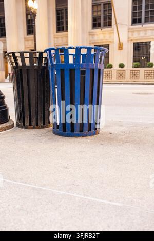 Due bidoni della spazzatura, uno nero e uno blu, si trovano sul marciapiede davanti a un grande edificio. La strada è pulita e il sole splende. Foto Stock