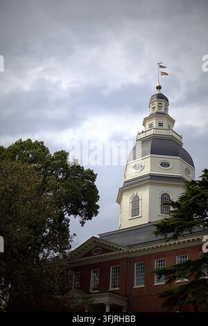 Scatto verticale del cupola in legno del Maryland State House incorniciata da grandi alberi verdi sotto un cielo nuvoloso. Foto Stock