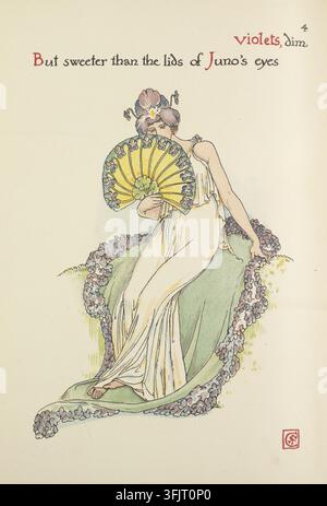 Illustrazione di ex libris raffigurante 4 Viole smorzate ma più dolci delle palpebre degli occhi di Giunone, di Walter Crane (1845-1915), tratta da Fiori dal giardino di Shakespeare: Un mazzolino dalla collezione di opere teatrali, datato 1906. Una donna seduta in un abito chiaro con un ventaglio giallo e verde che copre parzialmente il viso è seduta su una seduta imbottita verde bordata di fiori viola, con colori visibili tra cui crema, giallo, verde, viola, rosa e marrone chiaro. Cromolitografia. Titolo tratto da ‚Il Racconto d’Inverno‘. Timbro dell’artista nell’angolo LR. Foto Stock