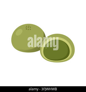 Illustrazione piatta dell'icona di Mochi al tè verde Matcha giapponese che mostra il ripieno verde cremoso all'interno Illustrazione Vettoriale