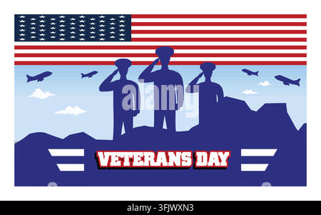 Poster del giorno dei veterani. Rispetta tutti coloro che servono. Giorno dei veterani con bandiera americana e soldati. Illustrazione moderna vettoriale piatta Illustrazione Vettoriale