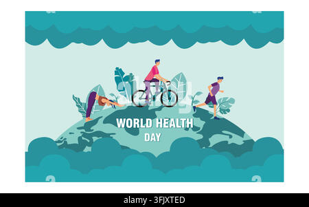 Giornata mondiale della salute. Stile di vita sano. corsa, ciclismo, passeggiata, yoga. illustrazione moderna vettoriale piatta Illustrazione Vettoriale