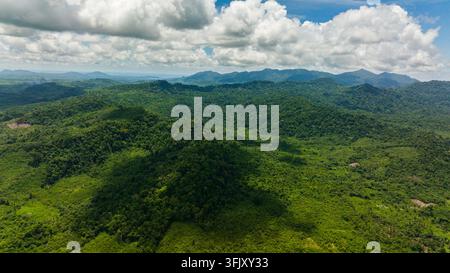 Vista aerea di una catena montuosa tropicale e di pendici montuose con foresta pluviale. Balabac, Palawan. Filippine. Foto Stock