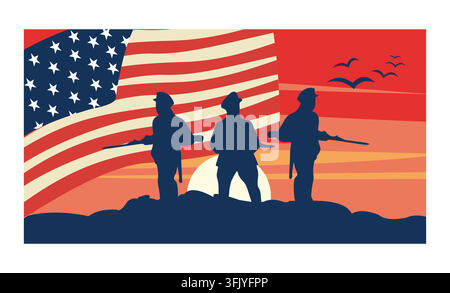 Silhouette di un soldato con bandiera degli Stati Uniti. Giornata dei Veterani, Giorno della Memoria, Festa dell'Indipendenza. Illustrazione vettoriale piatta. Illustrazione Vettoriale